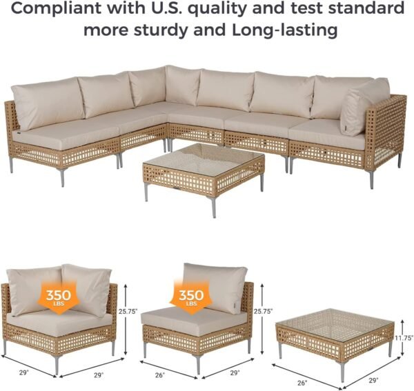 Grand patio 7-Piece Wicker Patio Furniture Set, Boho Outdoor Conversation Set Sectional Sofa with Water Resistant Thick Cushions and Coffee Table, Beige - Image 3
