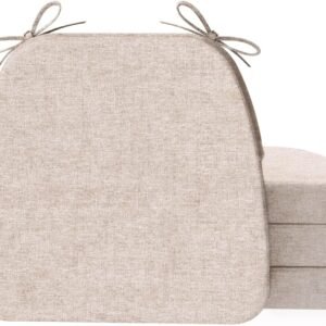 AAAAAcessories D-Shaped 2'' Thick Chair Cushions, Removable, Machine Washable Cover and Ties, Chair Pads for Indoor Dining Room and Kitchen Chairs, 17'' x 16'', Set of 4, Beige