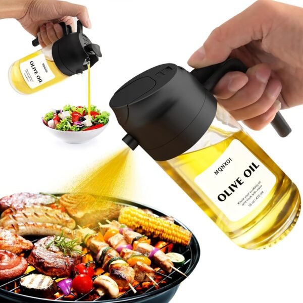 2 in 1 Glass Oil Sprayer & Dispenser, 16oz/470ml Olive Cooking, Air Fryer, and Salad, for Kitchen Gadgets and Air Fryer Accessories, w/Stickers