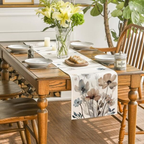 Artoid Mode Brown Poppy Floral Leaves Spring Table Runner, Seasonal Summer Kitchen Dining Table Decoration for Home Party Decor 13x72 Inch - Image 4