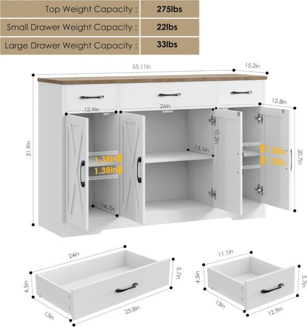 HOSTACK Buffet Cabinet with Drawers, 55" Large Sideboard Buffet Storage Cabinet with Shelves and Doors, Modern Farmhouse Coffee Bar Cabinet Wood Buffet Table for Kitchen, Dining Room, White/Rustic - Image 3