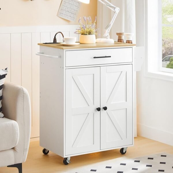 HOOBRO Kitchen Island with Power Outlet, Kitchen Storage Island with Large Worktop, Spice Rack and Drawer, Rolling Kitchen Cart on Wheels, for Kitchen and Dining Room, White and Natural - Image 7