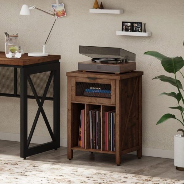 BON AUGURE Record Player Stand with Vinyl Storage, Farmhouse Record Player Cabinet End Table Holds up to 160 Albums, Brown Turntable Stand for Living Room, Bedroom, Office (Rustic Oak) - Image 4