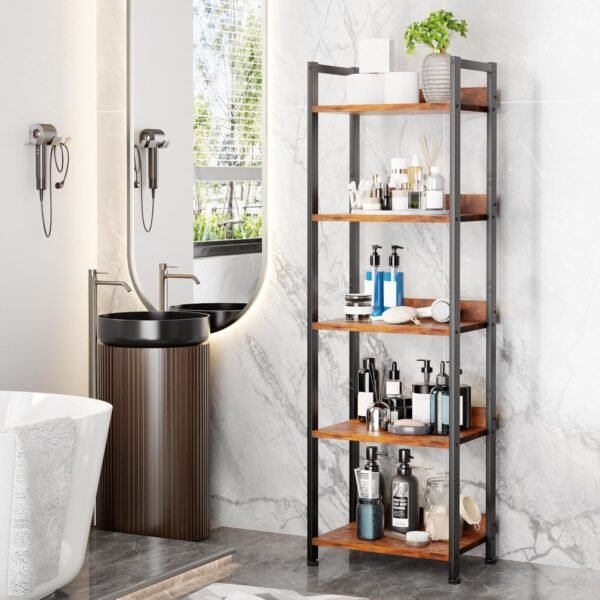 Furologee 5 Tier Bookshelf with Drawer, Tall Narrow Bookcase with Shelves, Wood and Metal Bookshelves Storage Organizer, Industrial Display Standing Shelf Unit for Bedroom, Living Room, Rustic Brown - Image 8