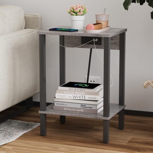 Set of 2 End Table with Charging Station, Narrow Side Table with USB Ports and Outlets, Nightstands with 2-Tier Storage Shelves, Sofa Table for Small Space Living Room Bedroom, Grey - Image 6