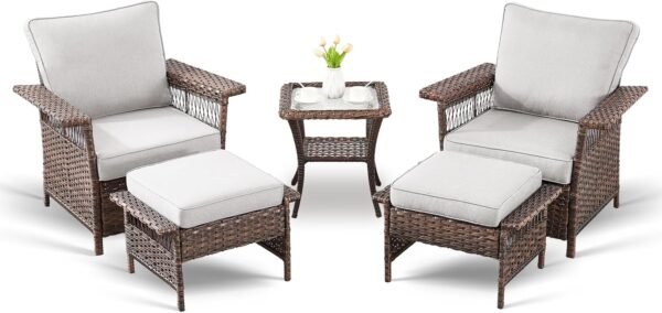 Outdoor Wicker Patio Furniture Set - 5 Piece Rattan Patio Conversation Sets with 2 Armrest Chairs,2 Ottomans and 1 Side Table for Porch Deck Garden(Brown/Beige) - Image 2
