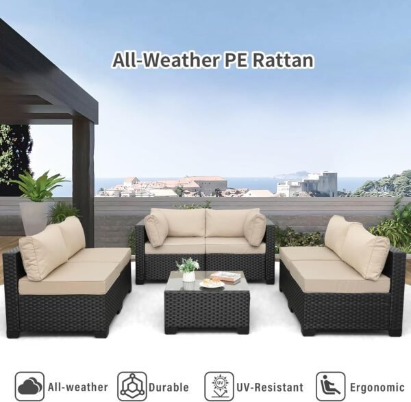 Valita 7 Piece Outdoor PE Wicker Furniture Set, Patio Black Rattan Sectional Sofa Couch with Washable Khaki Cushions… - Image 8