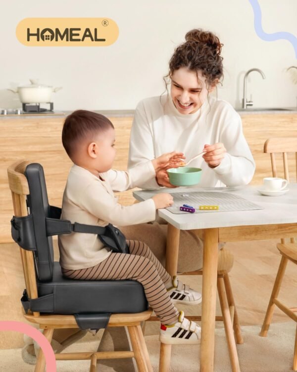 HOMEAL Booster Seat for Kitchen Chair, Breathable Toddler Booster Seat for Dining Table with Backrest and Adjustable Straps, Portable Travel Toddler Booster Seat, Dark Grey - Image 3