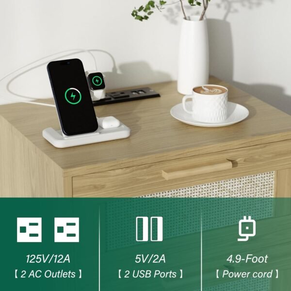 Nightstand with Charging Station,Rattan Night Stand with Solid Wood Legs, Bedside Table with USB Ports & Outlets, End Table for Bedroom (Bohemian, Natural Wood) - Image 4