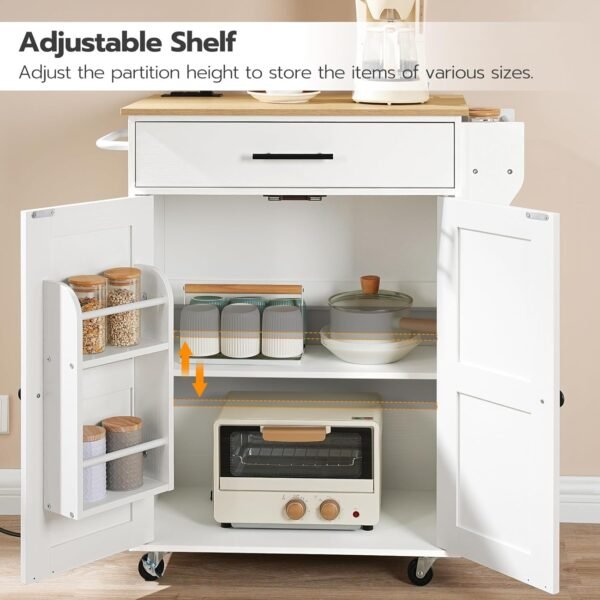 HOOBRO Kitchen Island with Power Outlet, Kitchen Storage Island with Large Worktop, Spice Rack and Drawer, Rolling Kitchen Cart on Wheels, for Kitchen and Dining Room, White and Natural - Image 6