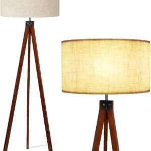 LEPOWER Wood Tripod Floor Lamp, Mid Century Standing Lamp, Modern Design Studying Light for Living Room, Bedroom, Study Room and Office, Flaxen Lamp Shade with E26 Base Brown