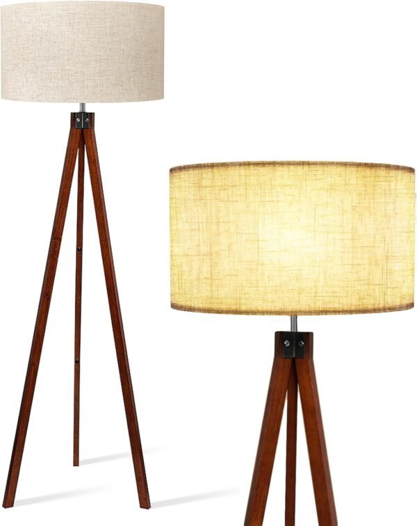 LEPOWER Wood Tripod Floor Lamp, Mid Century Standing Lamp, Modern Design Studying Light for Living Room, Bedroom, Study Room and Office, Flaxen Lamp Shade with E26 Base Brown