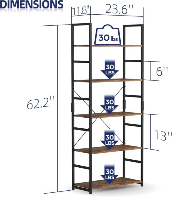 NUMENN 5 Tier Bookshelf, Tall Bookcase Shelf Storage Organizer, Modern Book Shelf for Bedroom, Living Room and Home Office, Vintage - Image 3