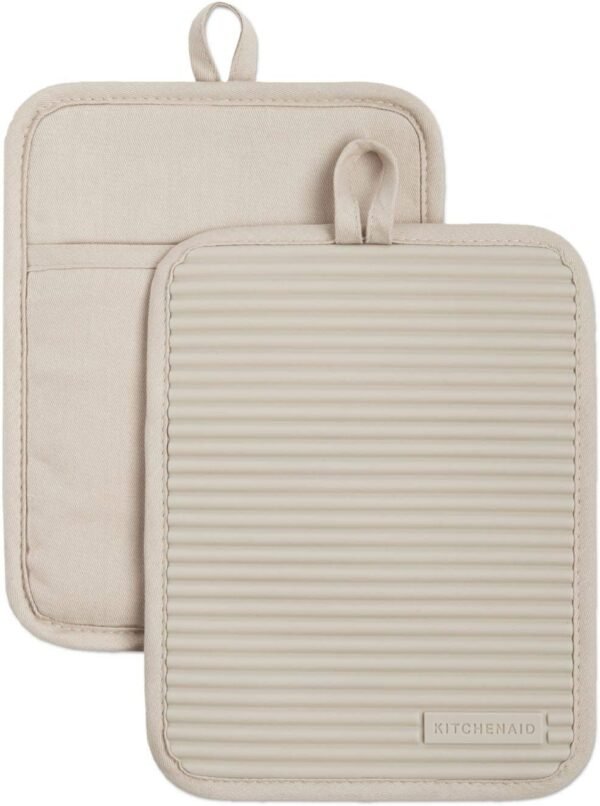 KITCHENAID Ribbed Soft Silicone Pot Holder 2-Pack Set, 7"x9", Milkshake Tan