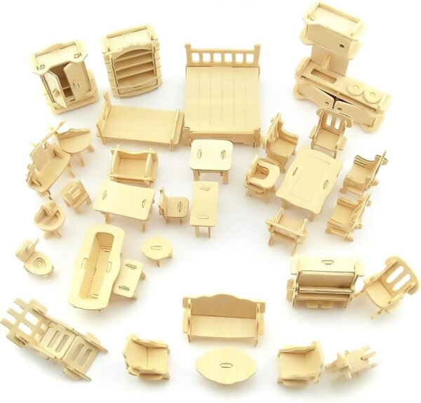 LOVEINUSA DIY Wooden Dollhouse Furniture Set, 3D Puzzle Miniature Room Accessories, Natural Wood - Image 6