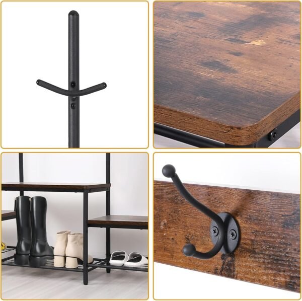 Parent-Child Hall Tree Entryway Bench with Coat Rack Sturdy Shoe Rack Storage, 3-in-1 Functional Hall Tree Industrial Rustic Wood Metal Furniture for Entrance (1+2 Rustic Brown + Black) - Image 4