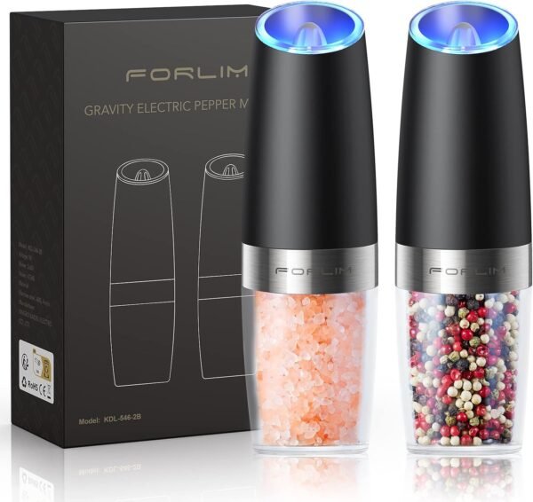 FORLIM Gravity Electric Salt and Pepper Grinder Set, Automatic Pepper Mill Grinder, Battery Powered Adjustable Coarseness with LED Light, One Hand Operation Premium Kitchen Gadget for Spices (Black)