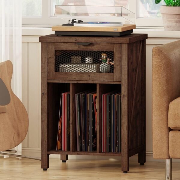 BON AUGURE Record Player Stand with Vinyl Storage, Farmhouse Record Player Cabinet End Table Holds up to 160 Albums, Brown Turntable Stand for Living Room, Bedroom, Office (Rustic Oak)