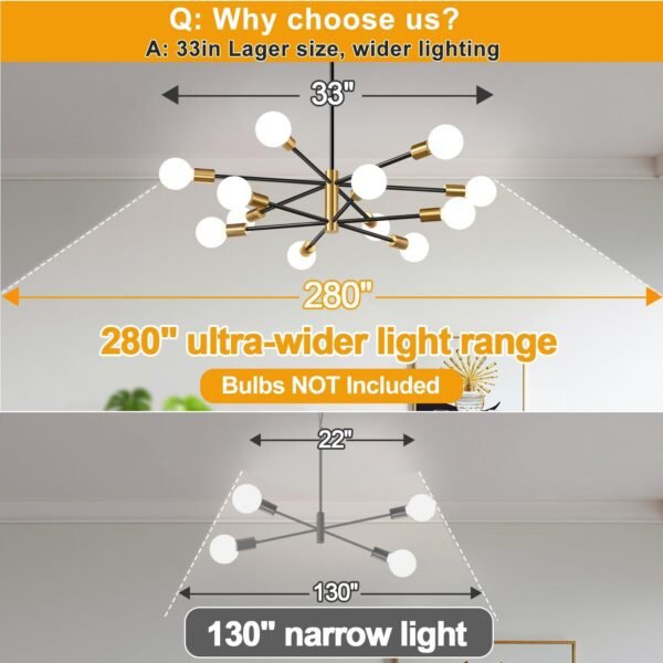 33" Modern Chandelier Ceiling Light Fixture, 12-Light Sputnik Chandeliers Gold and Black Mid Century Chandelier Over Table, Height Adjustable Chandeliers for Dining Room Living Room Kitchen Island - Image 4
