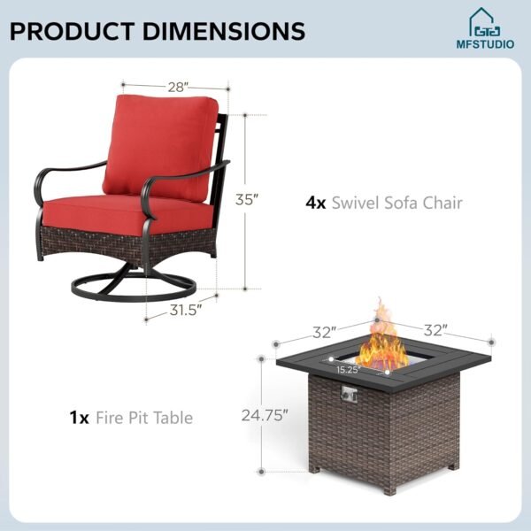 MFSTUDIO 5 Pieces Outdoor Patio Furniture Set, Metal Outdoor Conversation Sofa, Rattan Wicker Patio Sectional Sofa Set with 4 x Swivel Single Sofa, 1 x Fire Pit Table, Red - Image 8