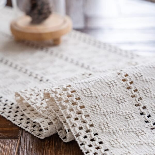 Alynsehom Macrame Table Runner Cream Beige Boho Table Runners with Tassels Hand Woven Cotton Table Runner Rustic Farmhouse Table Runners for Bohemian Kitchen Dining Table(12x71in) - Image 5