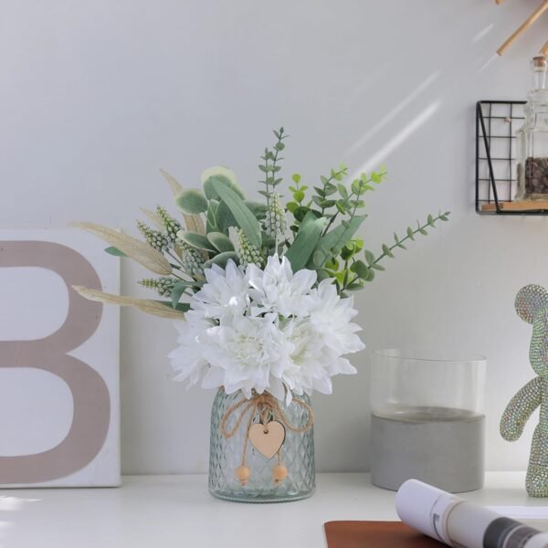 Faux Flowers with Vase,Artificial Silk Flowers in Vase, Fake Plant Eucalyptus and Willow,Flower Arrangement for Home Farmhouse kitchen Dining Table Centerpiece Decorations Coffee Table Decor (White) - Image 3