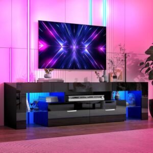 LED TV Stand for 65 Inch TV, Morden TV Console Table Entertainment Center, Gaming TV Cabinet for Living Room Bedroom Office Home Apartment Furniture (160 Black TV Stand 2 with 5 Storage)