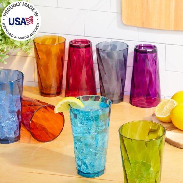 US Acrylic Optix Plastic Reusable Drinking Glasses (Set of 8) 20oz Water Cups in Jewel Tone Colors | BPA-Free Tumblers, Made in USA | Top-Rack Dishwasher Safe - Image 3
