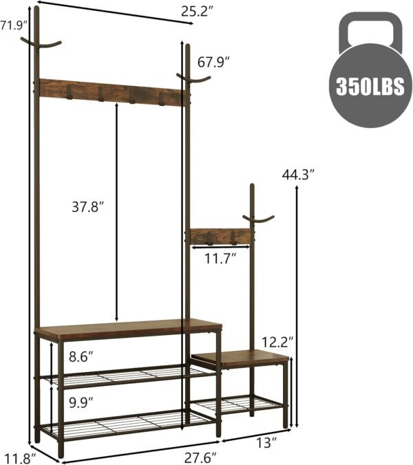 CharaVector Hall Tree Coat Rack Shoe Bench, Industrial Design, 3-in-1, Rustic Brown - Image 2