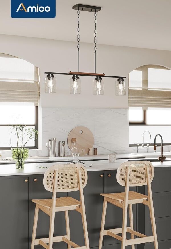 Amico Dining Room Light Fixture 4-Light Kitchen Island Lighting with Adjustable Rods, Farmhouse Decor Black Metal & Wood Chandelier with Seeded Glass Shade, Island Lights for Kitchen - Image 8