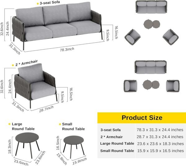 EAST OAK Life Chatter Patio Furniture Set 5 Pieces, Outdoor Furniture 5-Seat Sofa with Two Round Coffee Table, Waterproof Thick Cushion Deep Seating for Porch, Balcony, Earth Black & Misty Grey - Image 7