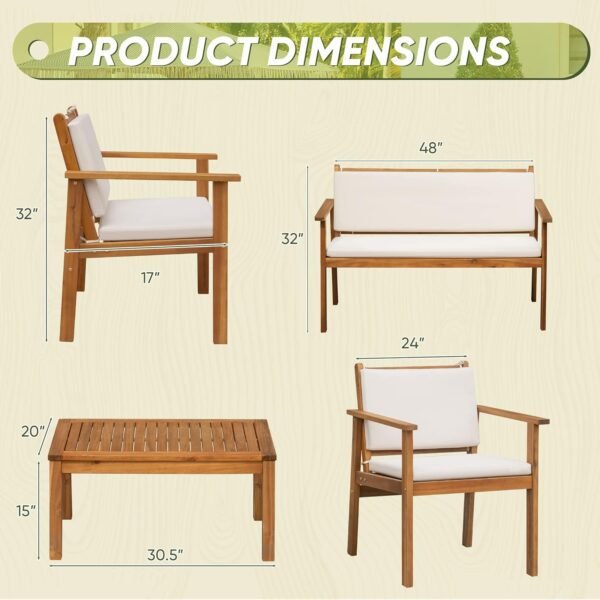 Flamaker Patio Furniture 4 Piece Outdoor Acacia Wood Patio Conversation Sofa Set with Table & Cushions Porch Furniture for Deck, Balcony, Backyard - Image 3