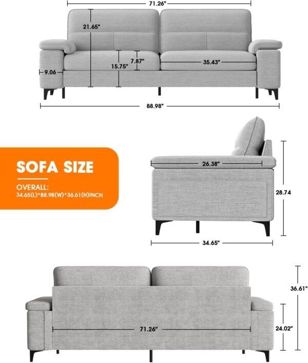 88.97" Modern Sofa Couch for Living Room, Deep Seat Sleeper Sofa with 8”Cushion, Comfy 2-Seater Chenille Loveseat Sofa with Convertible Armrest, Removable Sofa Cover, High Leg(Light Gray) - Image 2