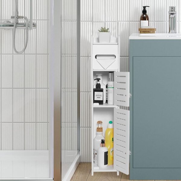 TUOXINEM Storage Cabinet for Small Spaces, Over The Toilet Cabinet for Skinny Bathroom Storage Corner Floor, Slim Paper Cabinet with 2 Doors & Shelves (White)