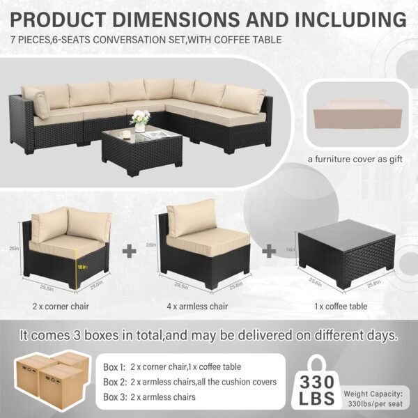 Valita 7 Piece Outdoor PE Wicker Furniture Set, Patio Black Rattan Sectional Sofa Couch with Washable Khaki Cushions… - Image 3