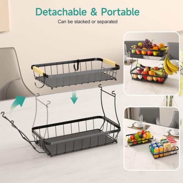 2 Tier Fruit Basket for Kitchen with 2 Banana Hangers, Detachable Metal Fruit Bowl for Kitchen Counter for Fruit and Vegetable Storage, Large Capacity Rectangular Storage Stand Bowls - Image 3