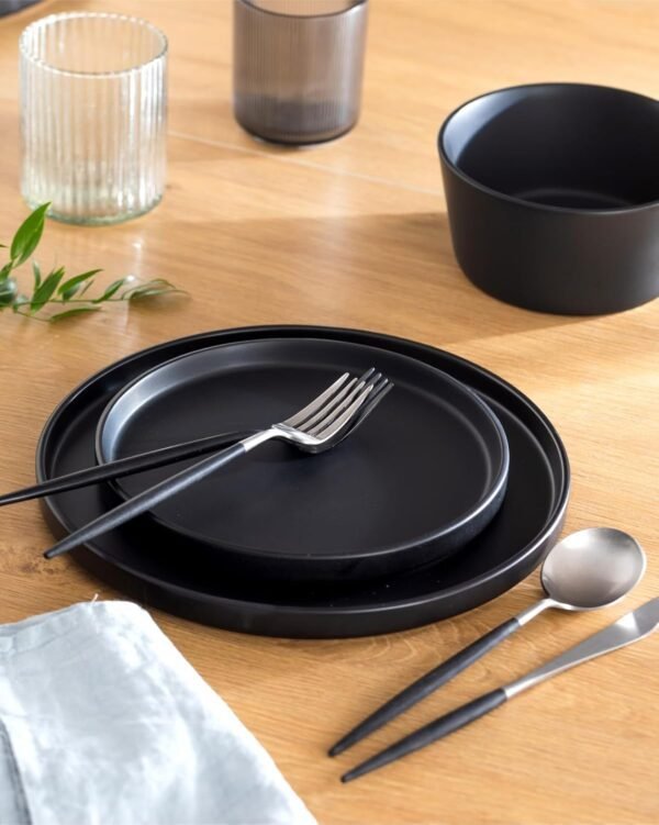 Matte Black Dinnerware Set - Ultra Chic Black Stoneware Dinnerware Sets for 4-16 pcs. Matte Black Plate Set - Dishwasher and Microwave Safe - Black Plates Ceramic and Bowls - Black Dishware - Image 2