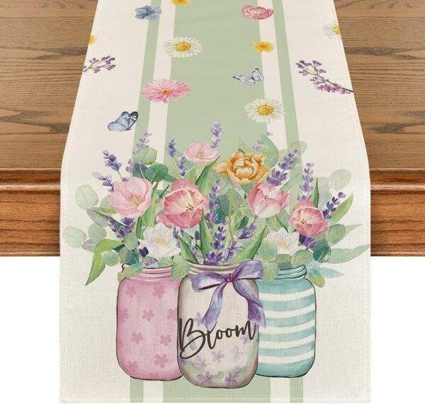 Artoid Mode Vase Bloom Tulip Lavender Summer Table Runner, Seasonal Spring Kitchen Dining Table Decoration for Home Party Decor 13x72 Inch