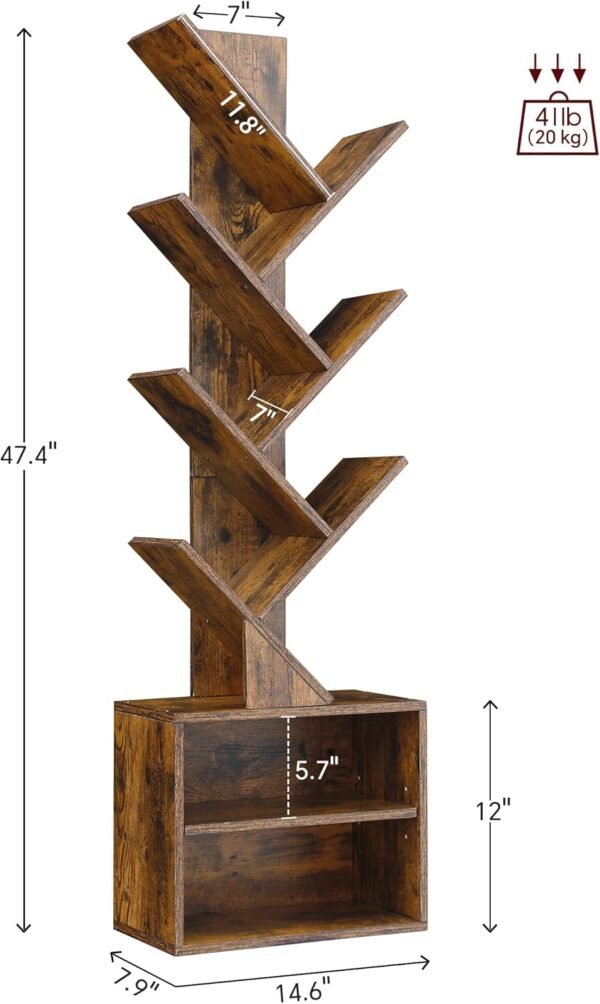 SUNMORY 6 Tier Tree Bookshelf, Small Bookcase with Storage Cabinet, Modern Tall Narrow Bookshelves Organizer, Floor Standing Book Shelf for Bedroom/Living Room/Home Office/Corner, Rustic Brown - Image 2