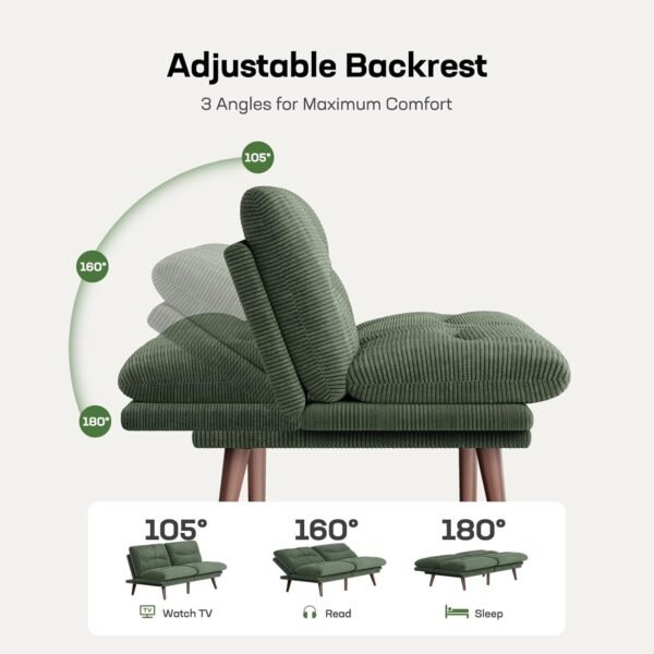 Marsail Futon Sofa Bed, Corduroy Futon Couch with Adjustable Backrest & Armrests, Convertible Small Sleeper Sofa Bed for Small Apartments, Study Room, Office, Green - Image 4