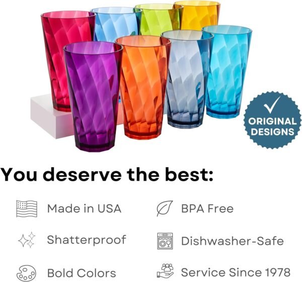 US Acrylic Optix Plastic Reusable Drinking Glasses (Set of 8) 20oz Water Cups in Jewel Tone Colors | BPA-Free Tumblers, Made in USA | Top-Rack Dishwasher Safe - Image 2