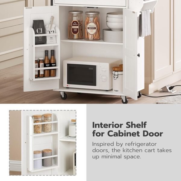 HOOBRO Kitchen Island with Power Outlet, Kitchen Storage Island with Large Worktop, Spice Rack and Drawer, Rolling Kitchen Cart on Wheels, for Kitchen and Dining Room, White and Natural - Image 5