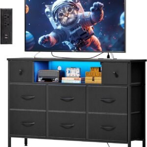 Fixwal Dresser for Bedroom with Power Outlets and LED Lights, Black 55" TV Stand with 8 Drawers, Fabric Chest of Drawers with PU Finish for Living Room, Entryway