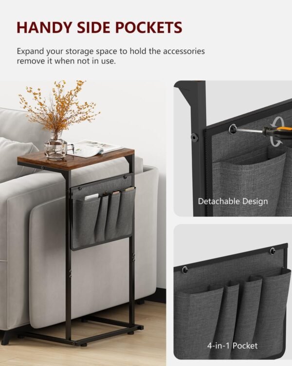 Vantic C Shaped End Table, Small Side Table for Couch and Recliner, Slide Under Sofa Tray Desk with Storage Bag for Living Room and Bedroom, Rustic Brown - Image 7