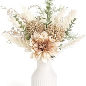 Mkono Small Artificial Flowers in Ceramic Vase 13.5" Centerpieces Coffee Table Decor, Silk Flower Arrangements for Home Decor Indoor Fake Flower Bouquet for Dining Room Kitchen Wedding Brown