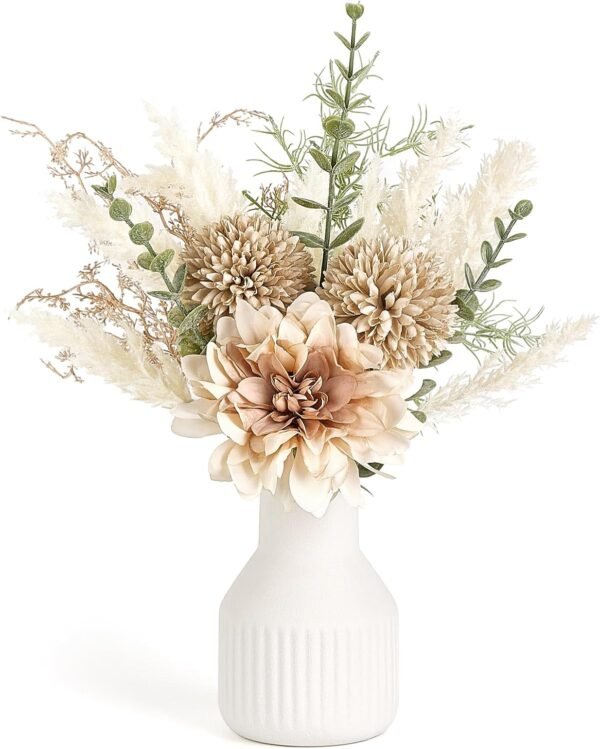 Mkono Small Artificial Flowers in Ceramic Vase 13.5" Centerpieces Coffee Table Decor, Silk Flower Arrangements for Home Decor Indoor Fake Flower Bouquet for Dining Room Kitchen Wedding Brown