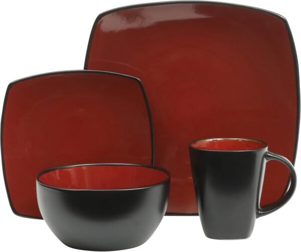 Gibson Soho Lounge Square Reactive Glaze Dinnerware Set, Red, Service for 4 (16pcs) - Image 6