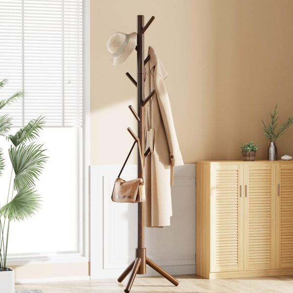 Pipishell Sturdy Wooden Coat Tree with 8 Hooks, 3 Adjustable Sizes for Clothes, Hat Stand Used in Bedroom/Office/Entryway, Brown - Image 7