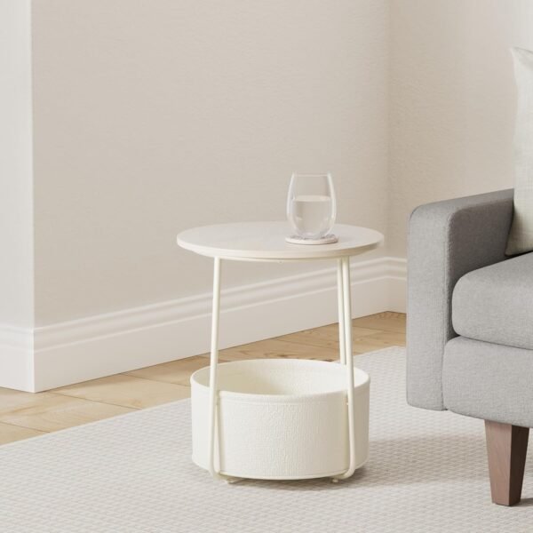 VASAGLE End Table, Small Bedside Table with Fabric Basket, Modern Nightstand, Round Side Table, for Living Room, Bedroom, Cream White ULET223K67 - Image 2