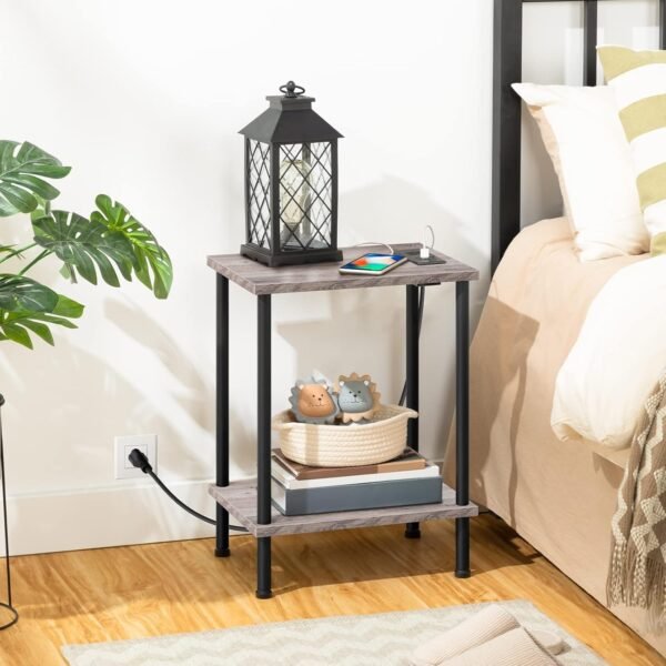 HOOBRO Set of 2 End Tables with Charging Station, Nightstand with 2-Layer Storage Shelves, Side Table for Small Spaces, Living Room, Bedroom, Stable Frame, Easy Assembly, Greige and Black BG09UBZP201 - Image 5